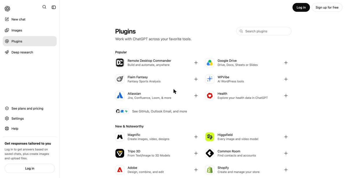 The ChatGPT Plugins directory: a list of plugins, each with a plus button to add it
